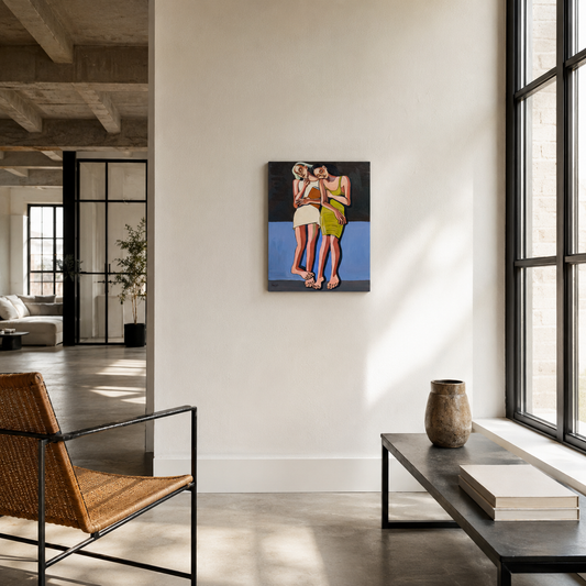 Soft Addiction by Noemi Safir, original painting from the series Drama Looks Good on Us, showing two women leaning into each other with tenderness and quiet emotional tension.