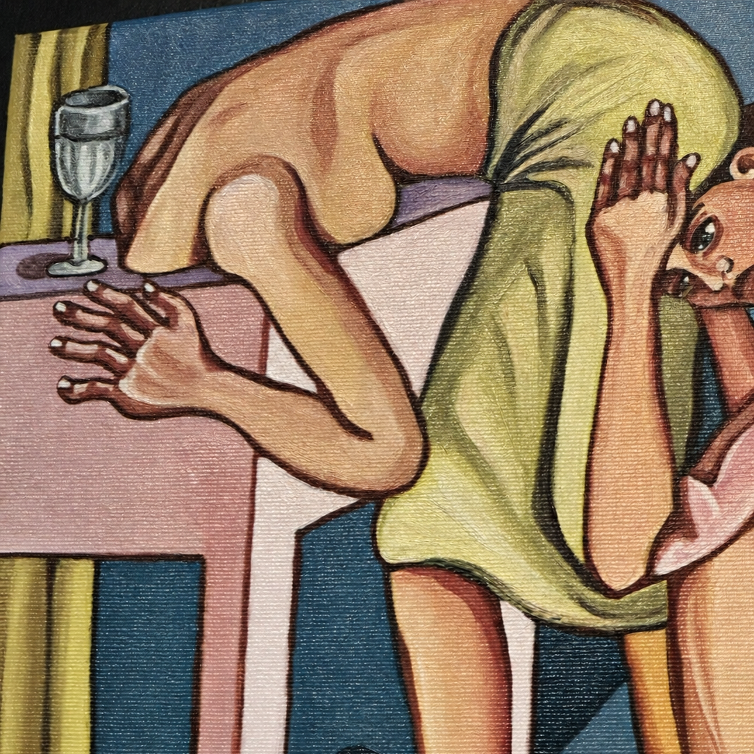 Emotional contemporary painting by Noemi Safir using distorted female figures to explore care, control and emotional restriction.