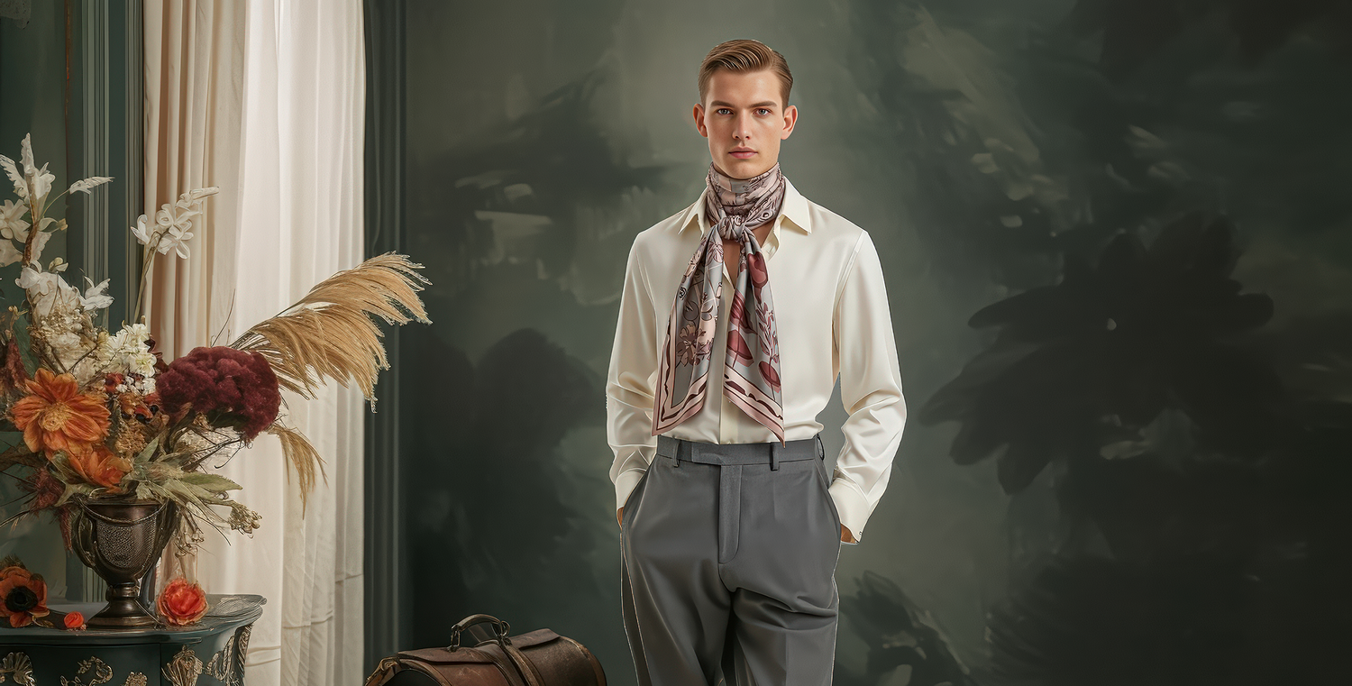 Man wearing a white shirt and gray trousers with a NOE MI silk scarf for men, standing in a room with decorative elements.