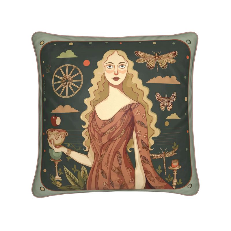 Decorative pillow with a woman's portrait and nature elements on a dark green background, Ideal as a decorative throw pillow or collectible art home décor, by NOE MI