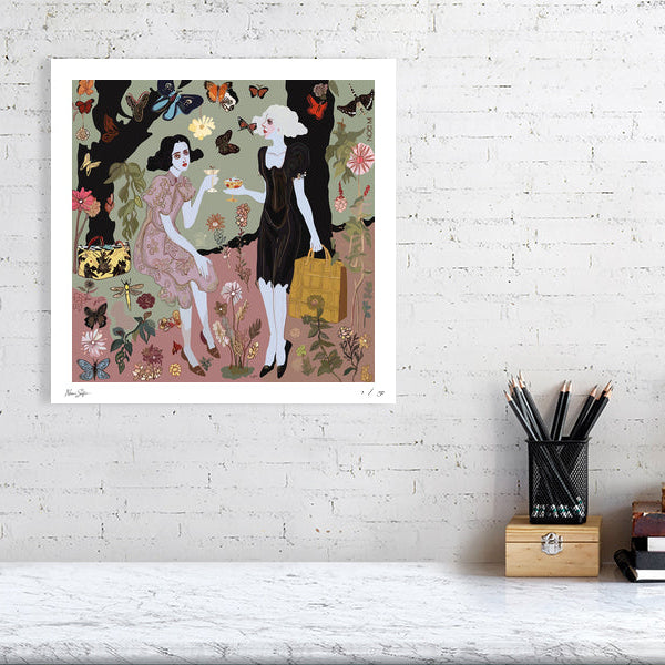 NOE MI feminine art poster Butterfly Gossip – symbolic butterflies and a muted surreal world of secrets and self-expression.