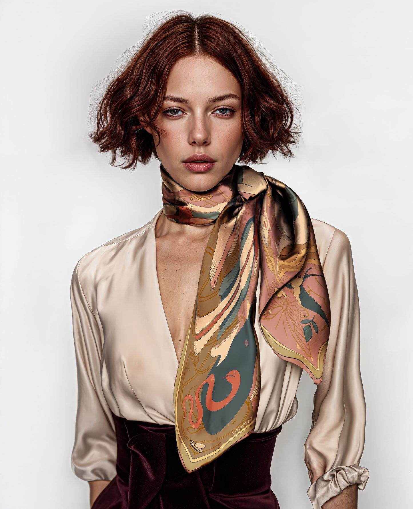 NOE MI Apple Affair silk twill scarf, artistic square accessory in pink and gold palette, feminine surrealist design with apple, snake, and butterfly motifs.