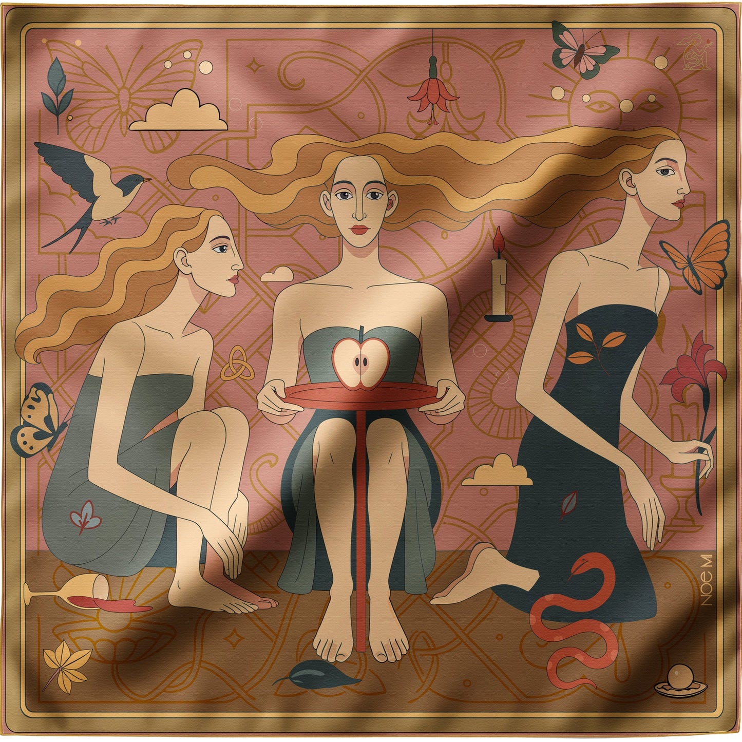 Designer silk scarf by NOE MI, Apple Affair print with surreal storytelling, symbolic feminine trio, candle, butterflies, and split apple centerpiece.