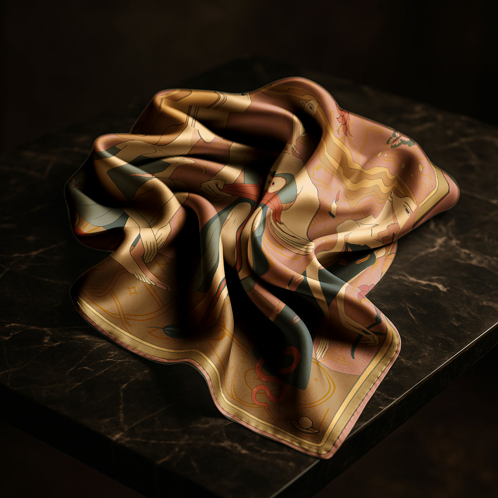 Luxury silk scarf Apple Affair by NOE MI, wearable art design featuring three women, symbolic apple, bird, and surreal motifs in warm colors.