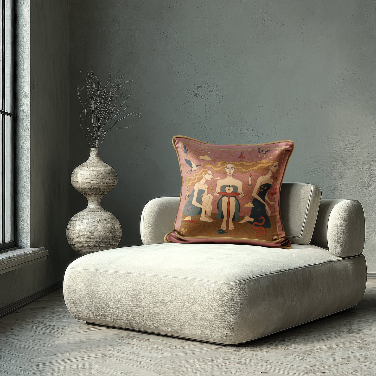 Designer throw pillow featuring Noemi Safir’s collectible artwork – handmade cushion UK, by NOE MI