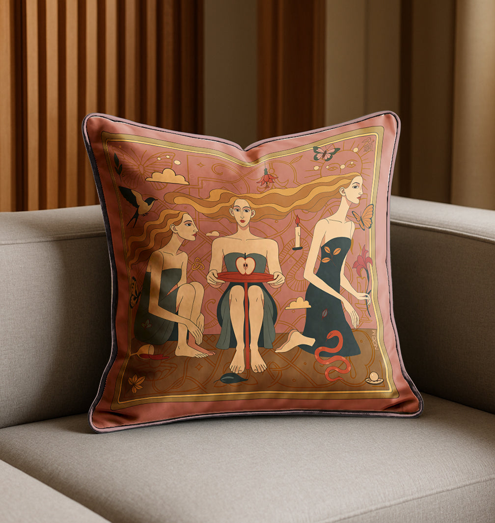 Decorative pillow with artistic design of three women holding an apple, designed by NOE MI