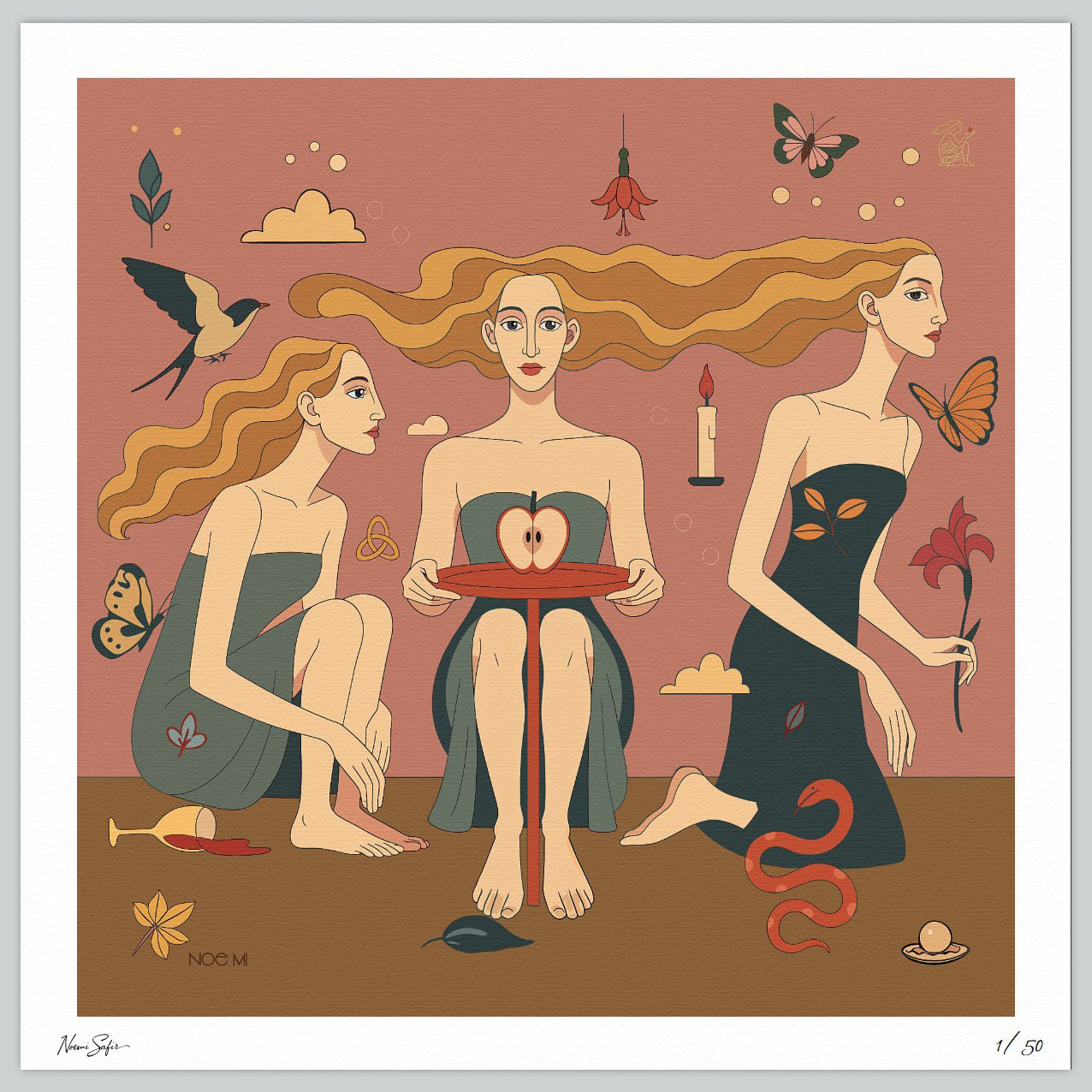 A Limited Edition NOE MI wall art print of three women with a central figure holding a heart, surrounded by nature elements.