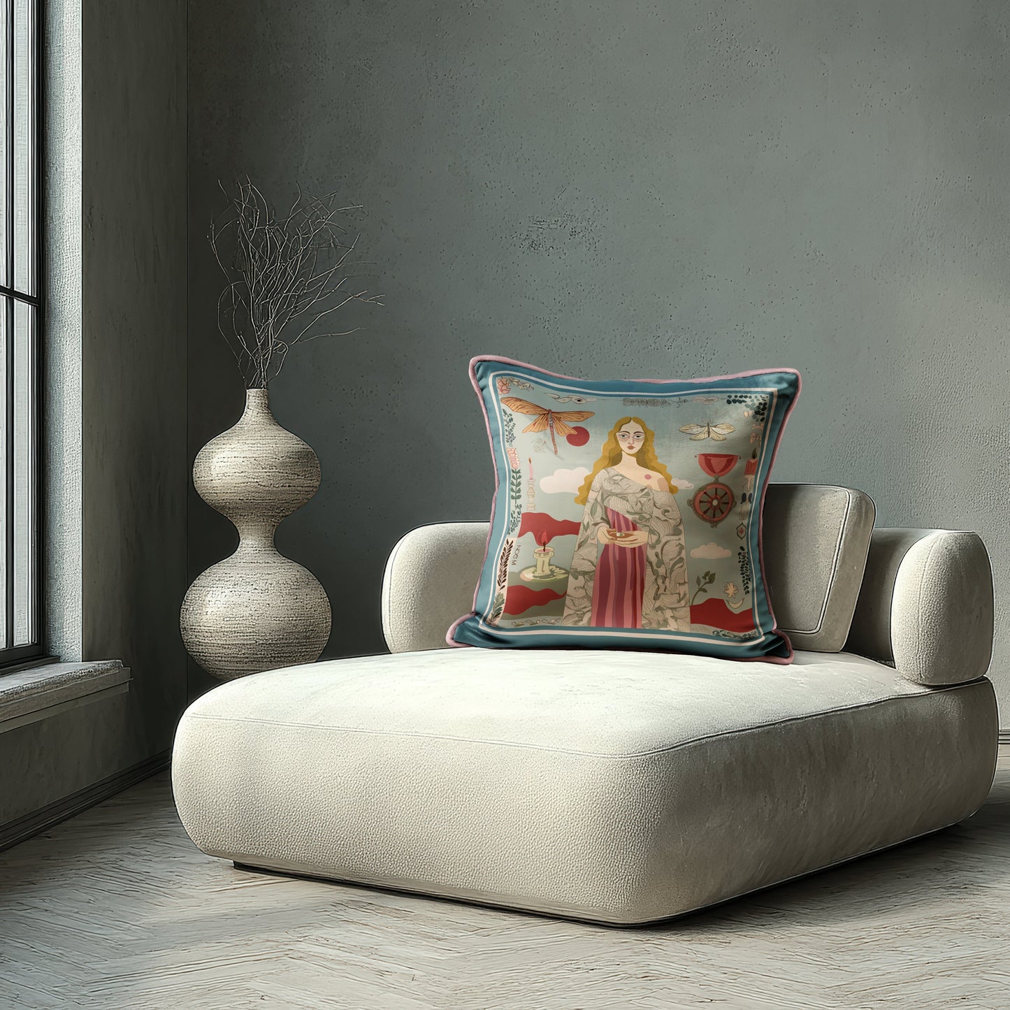 Artistic velvet pillow featuring symbolic nature and feminine storytelling, designed by NOE MI