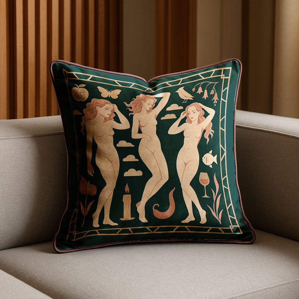 A square-shaped luxury velvet pillow/cushion in green and beige with a blush-toned figurative design, featuring gold accents and a green background, placed on a sofa.