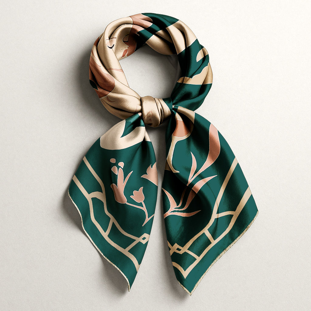 Square NOE MI luxury art silk twill scarf in dark green and peach