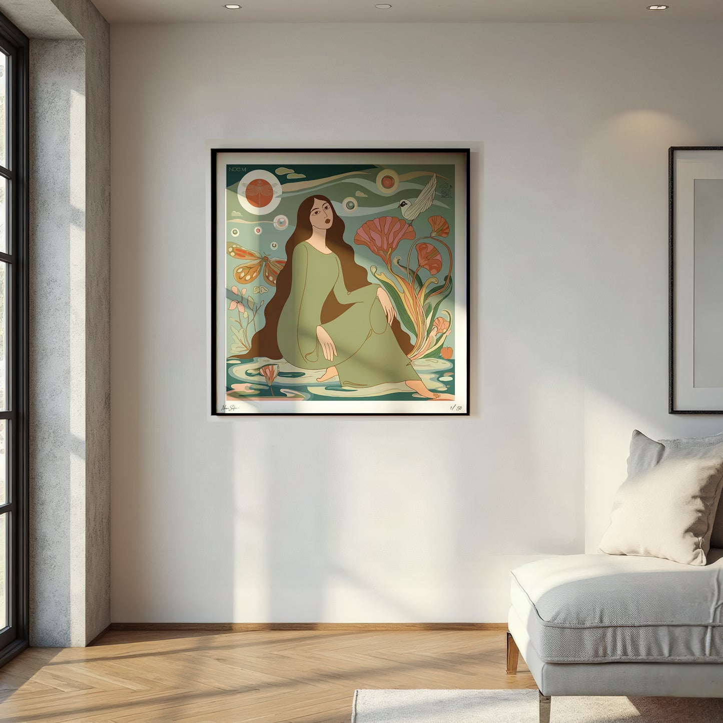 Framed artwork by NOE MI of a woman in a green dress on a wall in a modern living room. Available in multiple sizes for easy framing