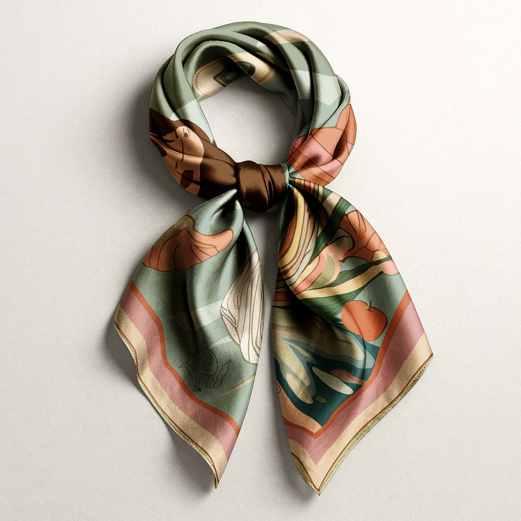 Colorful silk scarf with an artistic pattern by NOEMI. luxury gift for women who love art and fashion
