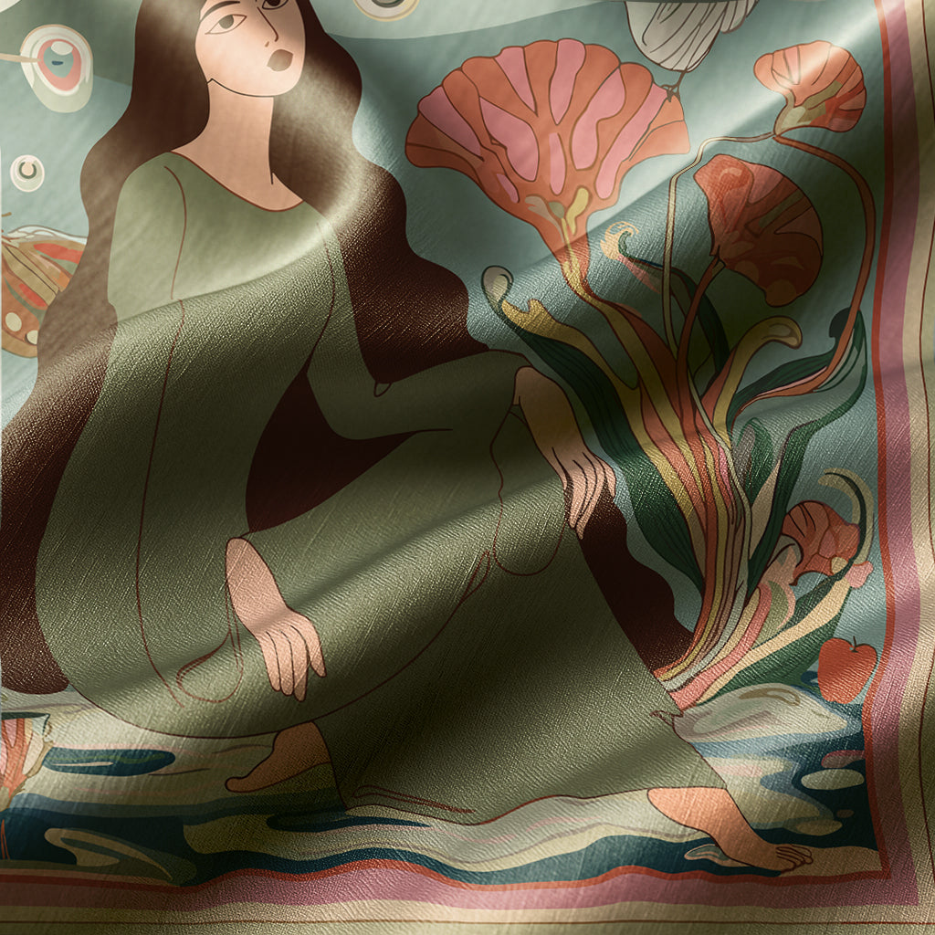 closeup of an Artistic silk twill scarf by NOEMI showing a woman sitting among floral and aquatic elements.