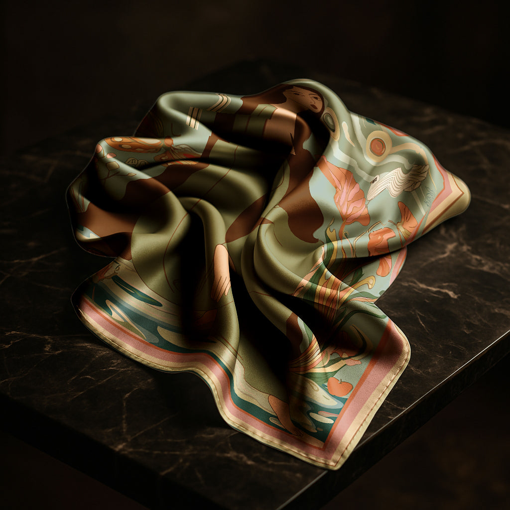 Decorative silk twill scarf with a floral pattern by NOE MI