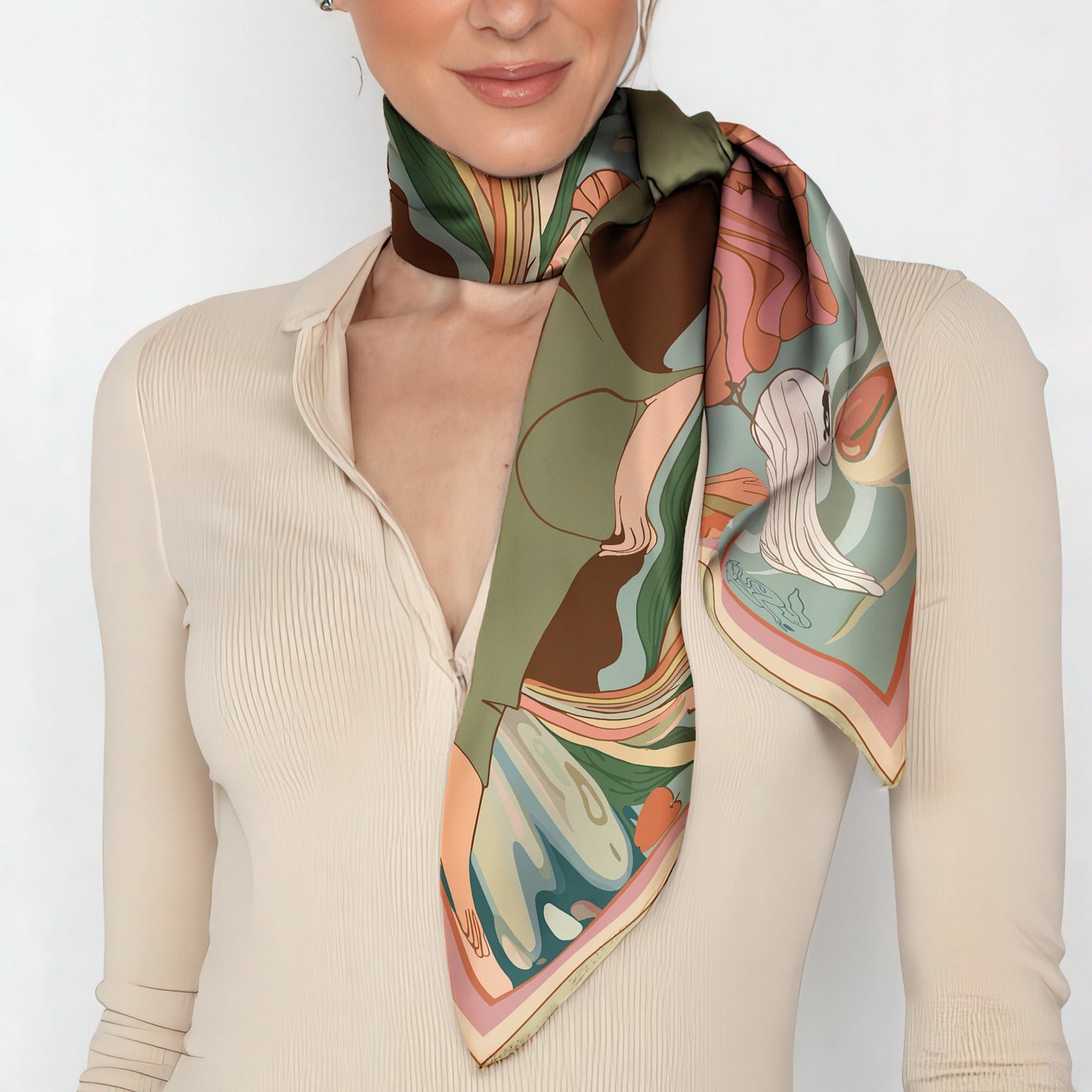 Woman wearing a luxurious silk twill scarf by NOE MI