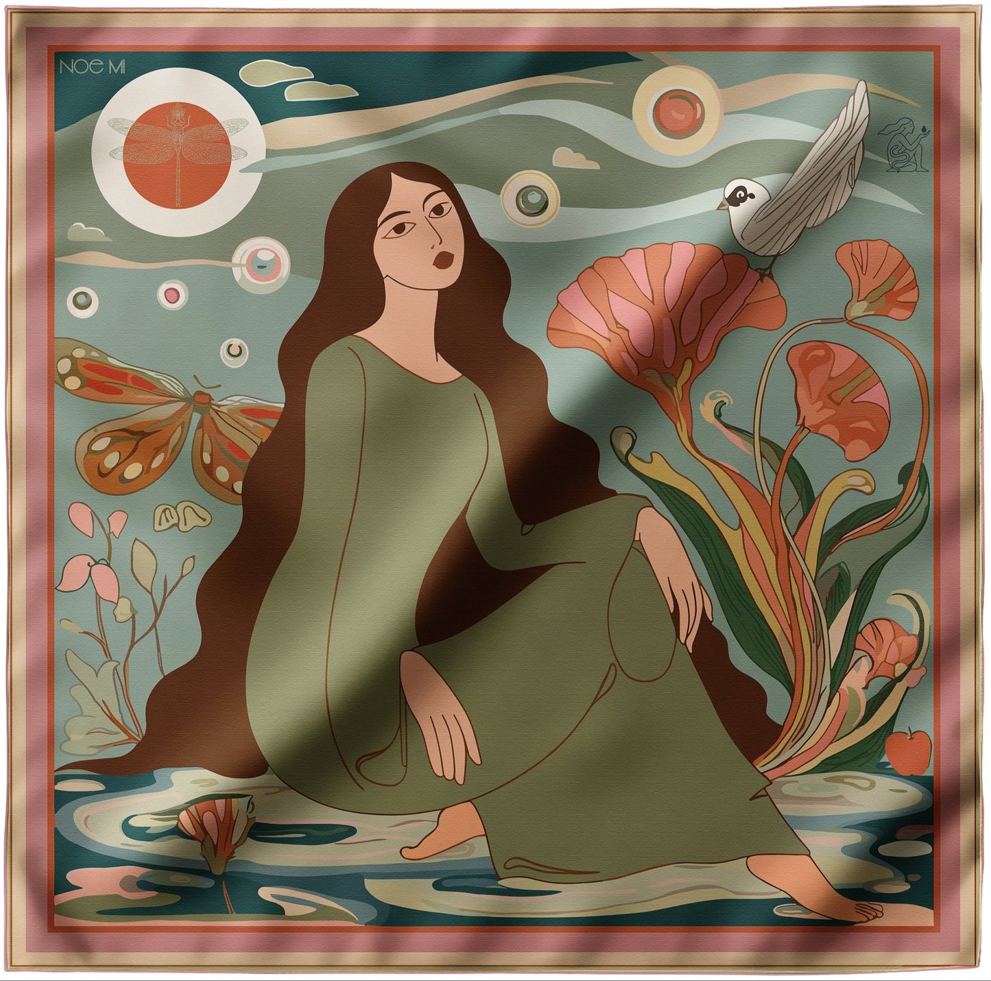 Artistic NOE MI silk twill scarf of a woman in a green dress surrounded by nature elements like flowers and birds.