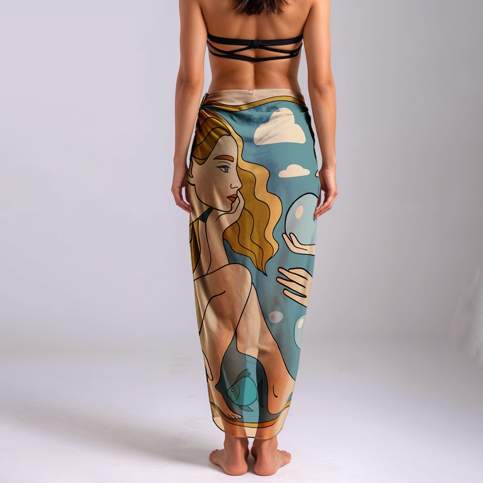 Woman wearing a colorful silk or chiffon pareo/sarong skirt with a neutral background