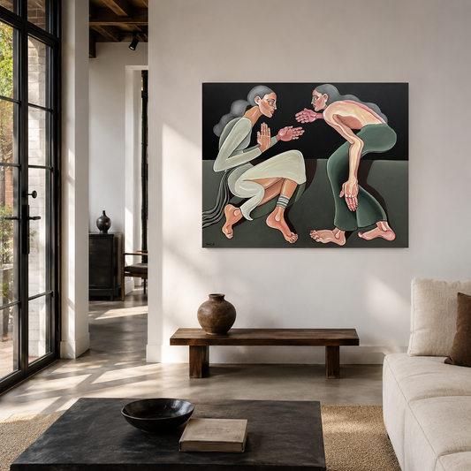 Noemi Safir contemporary figurative painting A Silent Confession, showing one seated woman in pale pink and one leaning woman in blue facing each other in emotional confrontation.
