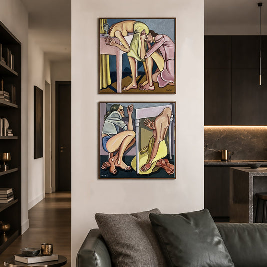 Original figurative painting by Noemi Safir showing two female figures compressed around a large table in a restricted domestic space.