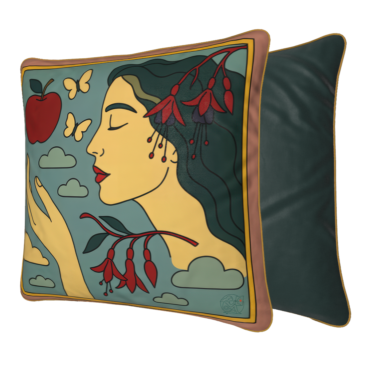 Designer velvet pillow by NOE MI, decorative cushion with art-inspired motif, luxury accessory for elegant living spaces.