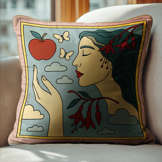Artistic velvet pillow by NOE MI, square decorative cushion with detailed print design, premium home décor accessory for international interiors.
