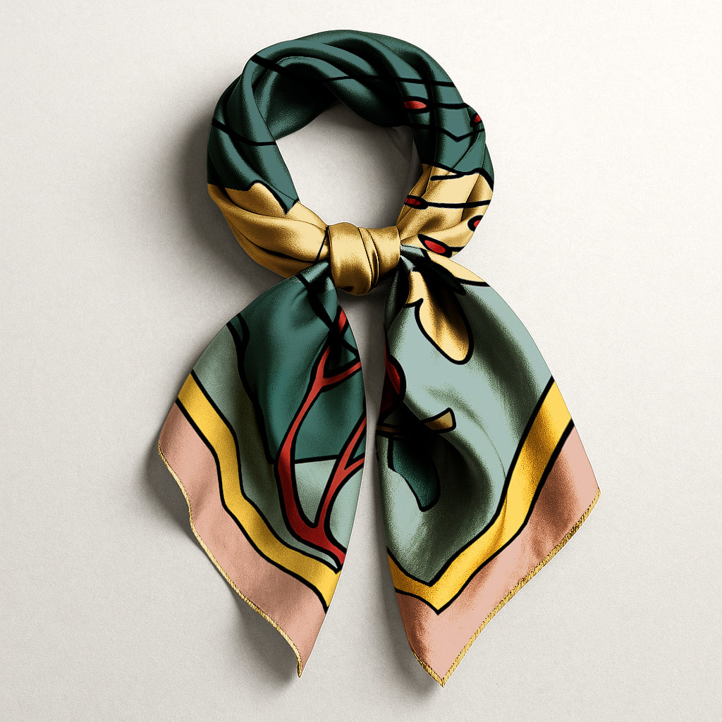 NOE MI luxury art silk twill scarf in light blue and yellow