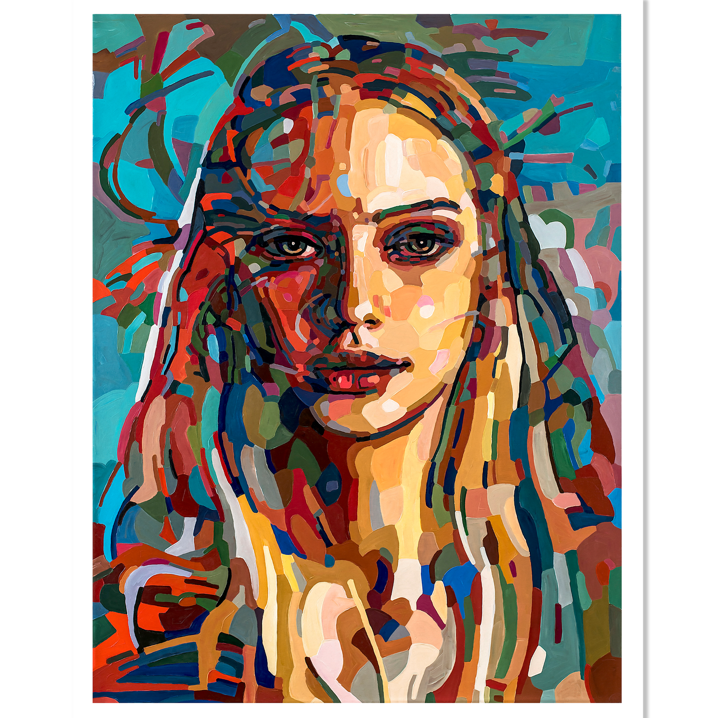 An abstract portrait print by Noemi Safir featuring vibrant colors and dynamic brushstrokes on a female figure.
