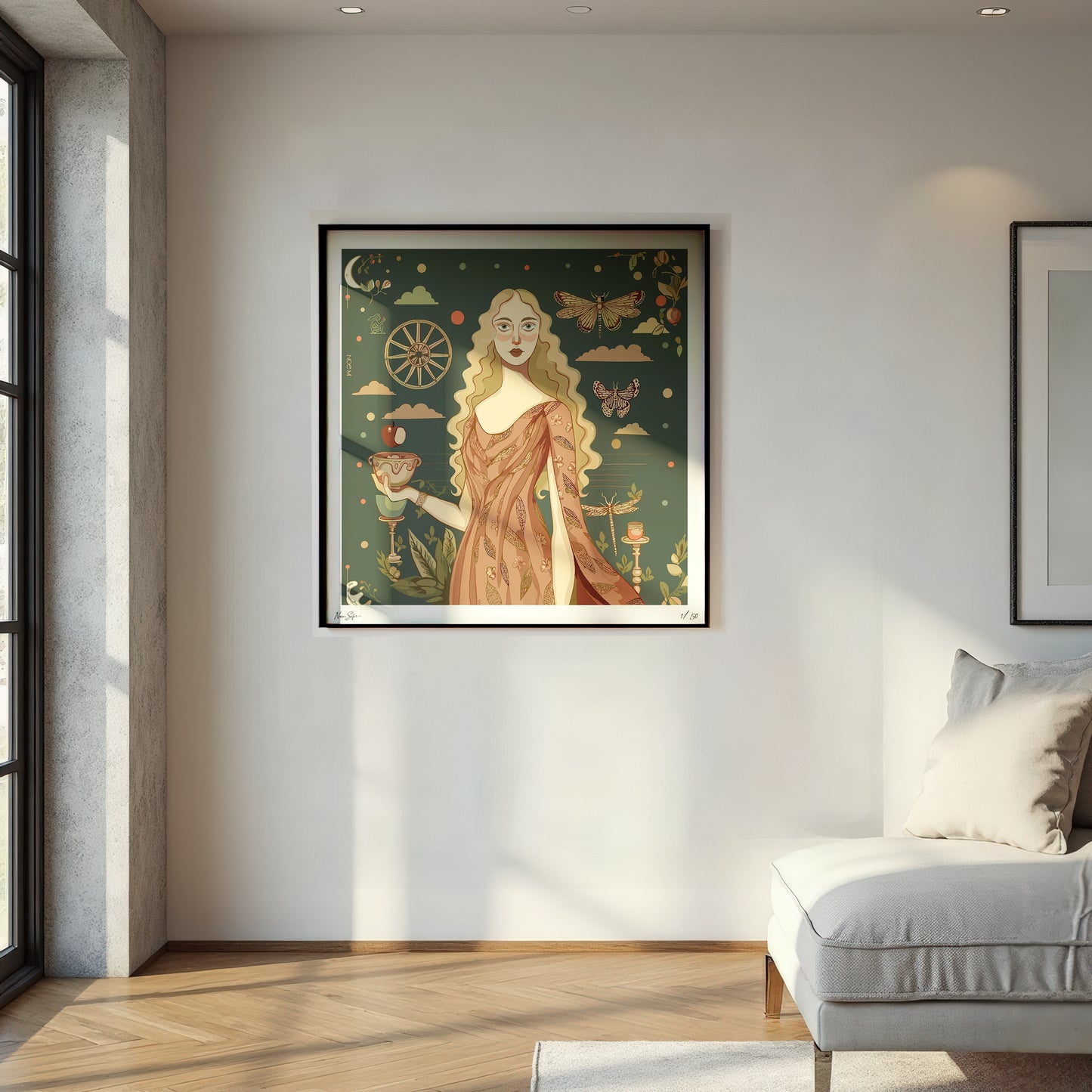 Framed artwork of a woman with a dark green background in a modern living room. Wall art by NOEMI