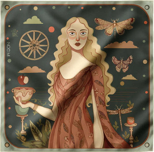 Decorative NOE MI silk twill scarf with a woman in a flowing dress, butterflies, and celestial elements on a dark background.