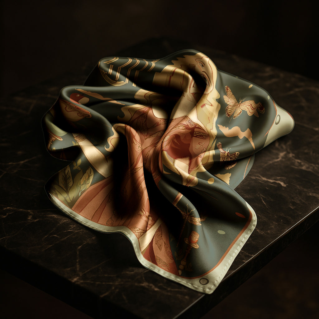 Decorative silk twill scarf with artistic design by NOE MI ,Versatile size for styling around the neck, hair, bag, or as wall art