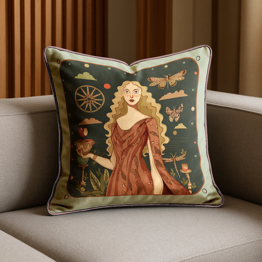 Decorative square velvet shimmer cushion with artistic luxurious design featuring a woman by NOE MI