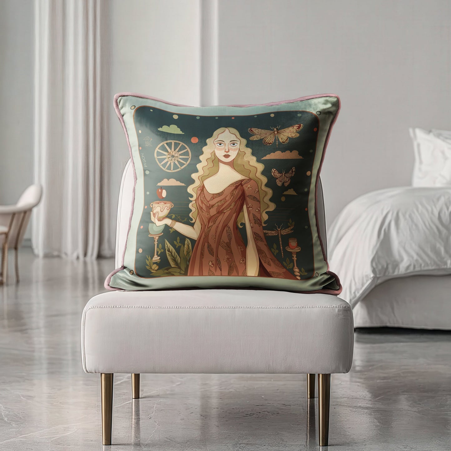 Decorative pillow with a woman holding a cup and butterflies on a dark green background and warm terracota tones ,by NOE MI