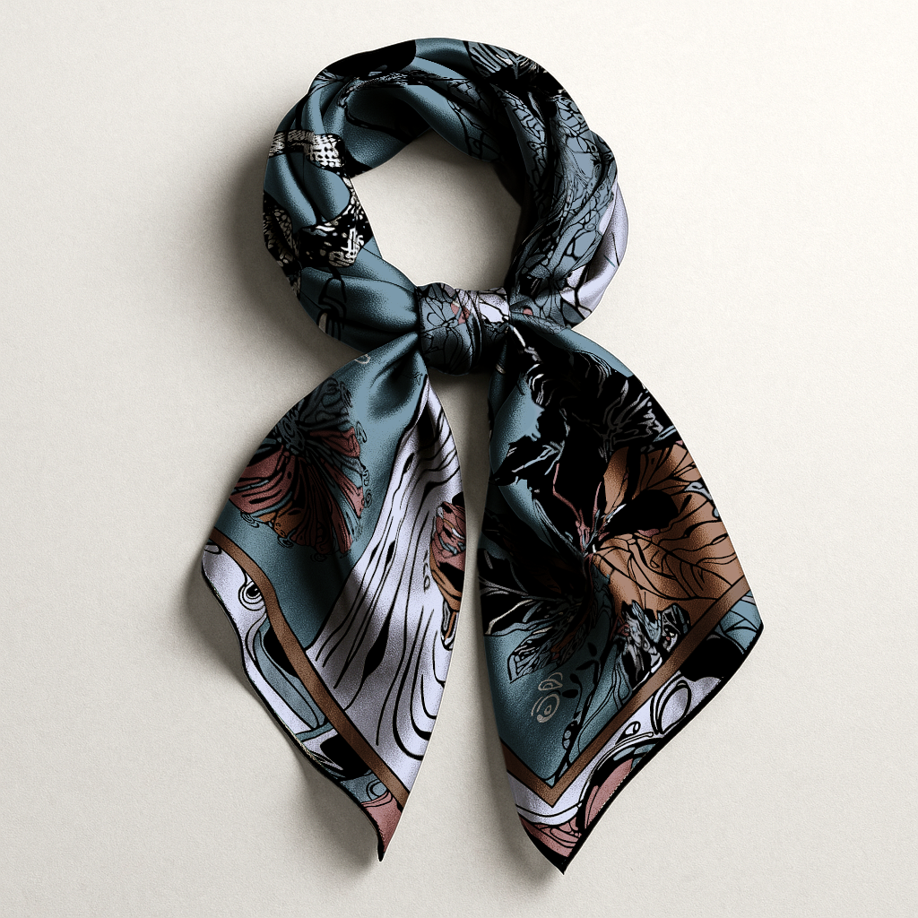 Close-up of the NOE MI scarf's fine silk texture and expressive linework, revealing bold female presence and gothic motifs.