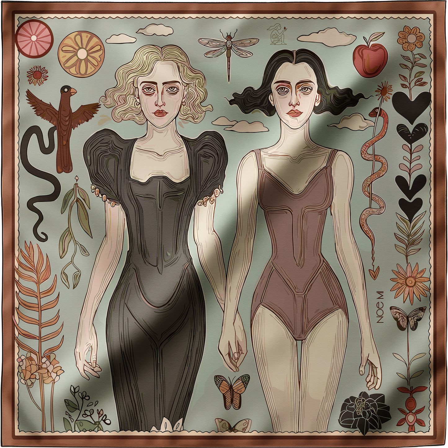 Luxury silk scarf featuring two women holding hands, symbolic design by NOE MI by Noemi Safir