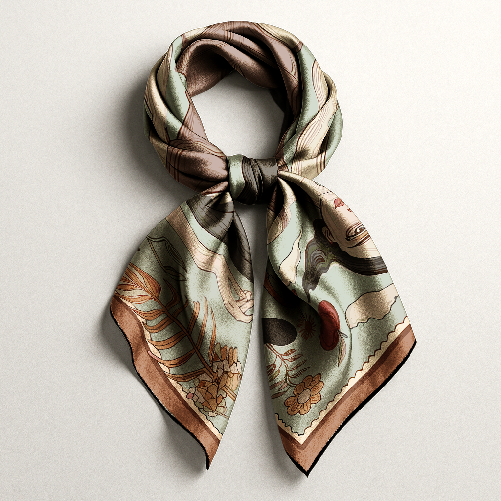 'Double Flame' luxurious silk scarfת designer accessory with mythological and botanical elements by NOE MI