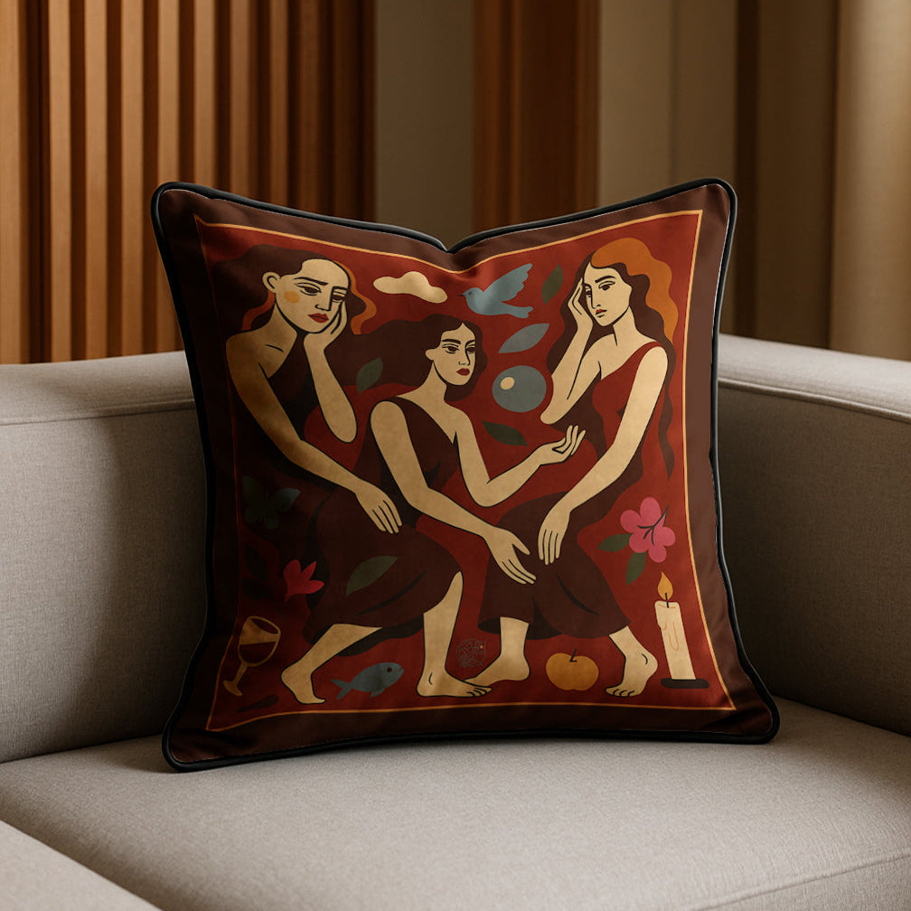 A square-shaped luxury velvet pillow/cushion  with an artwork of three women surrounded by symbols against a deep burgundy sky, placed on a beige sofa.