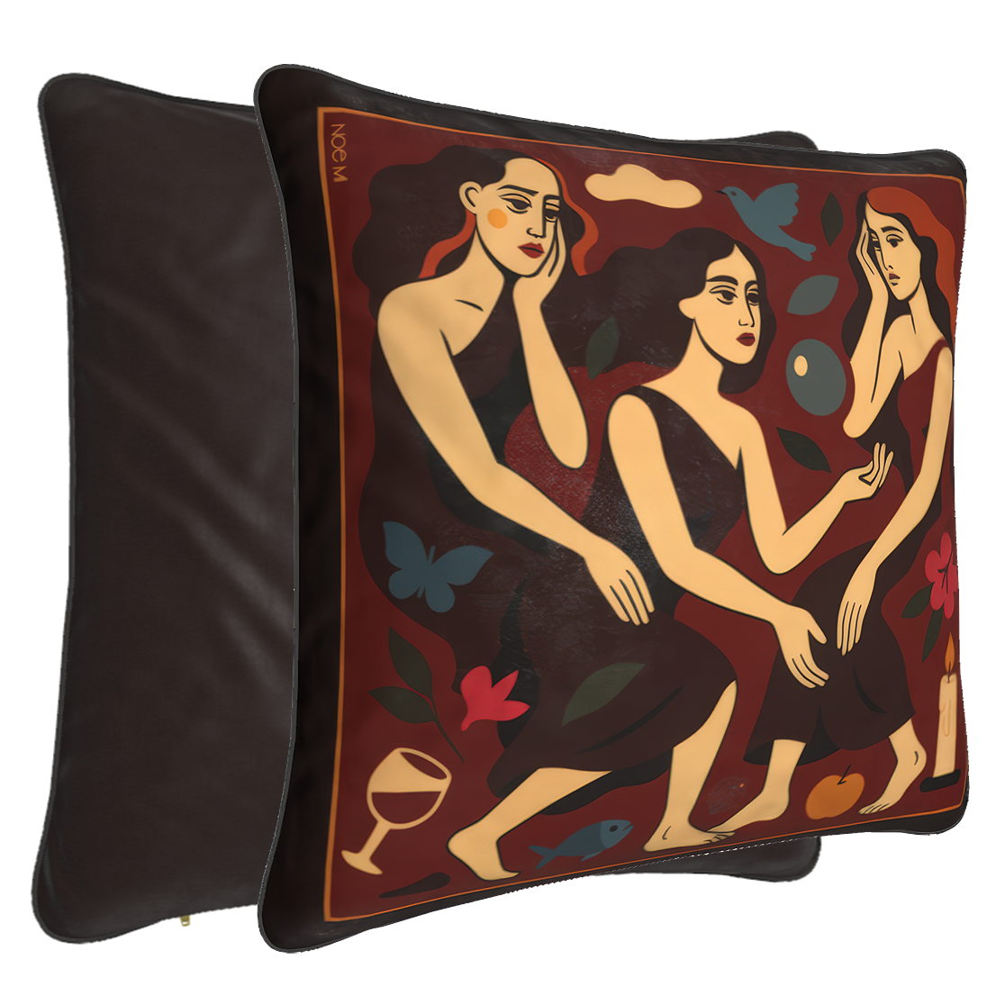 High-quality velvet cushion by NOE MI, designer pillow with art-inspired motif, elegant décor for global interiors.