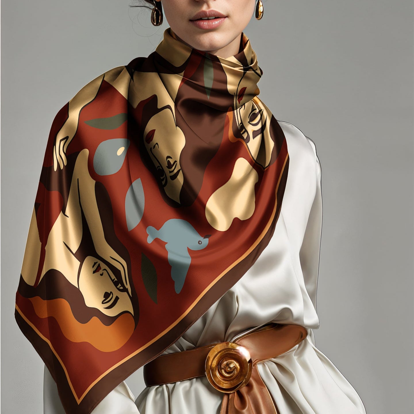 Woman wearing a colorful printed NOE MI luxury silk twill scarf with artistic design