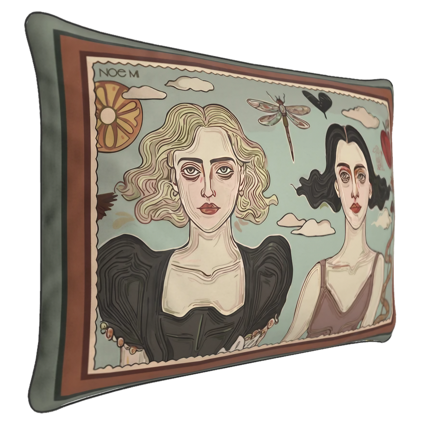 Rectangular decorative cushion with dual portrait motif, symbolizing emotional intensity and sisterhood, by NOE MI
