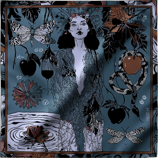 NOE MI's "Dark Temptation" scarf laid out flat, showcasing symbolic imagery in deep blues and earthy reds, with mystical undertones and rich details.