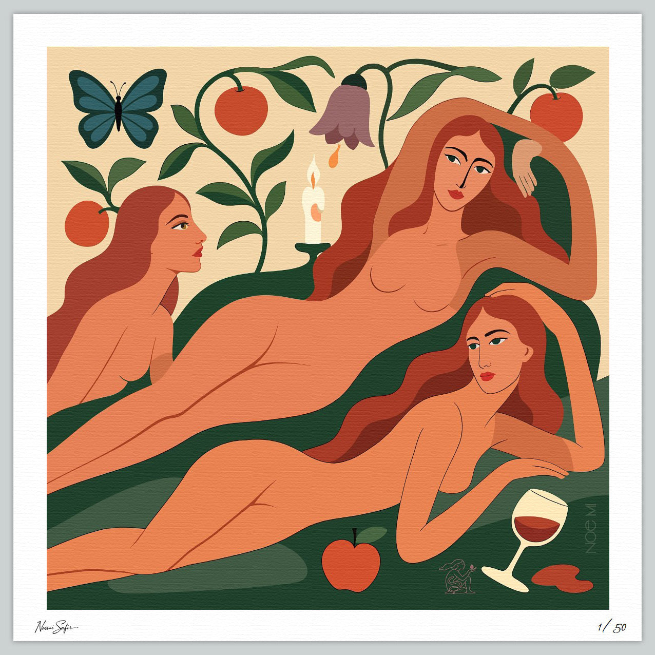 A Limited Edition NOE MI wall art print of three nude figures in a garden setting with apples, a butterfly, and a wine glass.