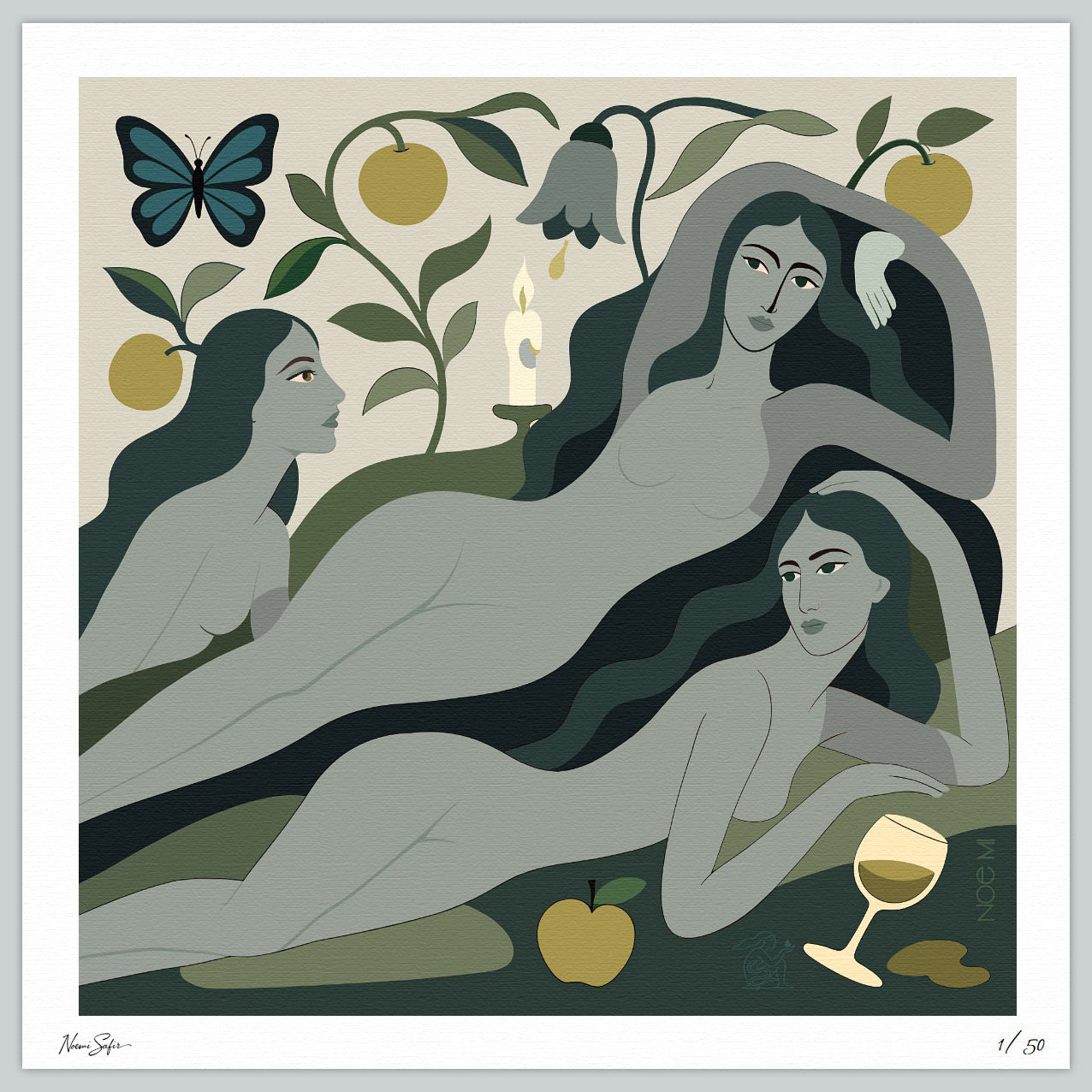 Limited Edition NOE MI wall art print depiction of three nude figures in a garden setting with apples and a butterfly.