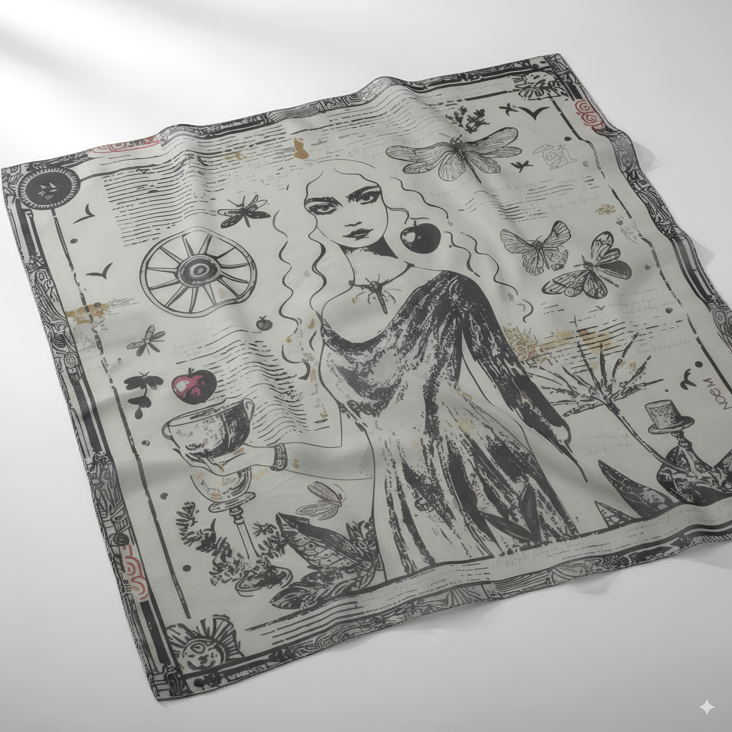 NOE MI designer scarf, Black Alchemy artwork in black and white with soft ochre accents and hints of burgundy, surreal feminine storytelling in luxury silk.