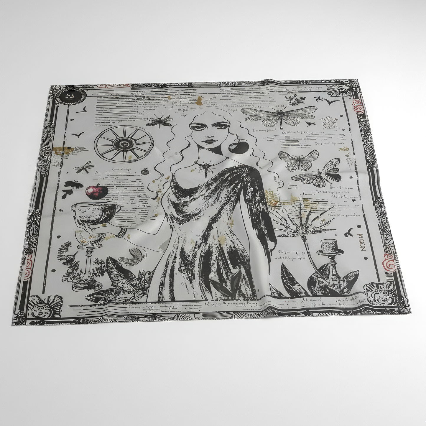 Black Alchemy silk scarf from NOE MI, monochrome wearable art with feminine portrait, apple, butterflies, and symbolic wheel, enriched with ochre and burgundy tones.