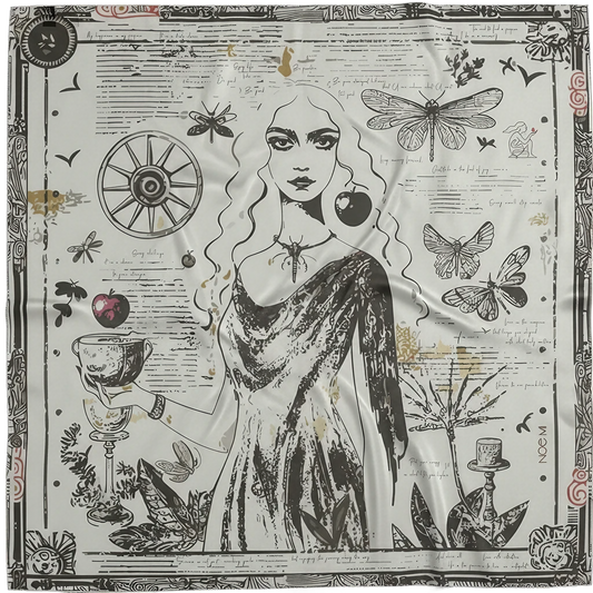 NOE MI Black Alchemy silk scarf, luxury square scarf in black and white with light ochre highlights and minimal burgundy accents, featuring feminine surreal artwork with apple, wheel, and dragonflies.