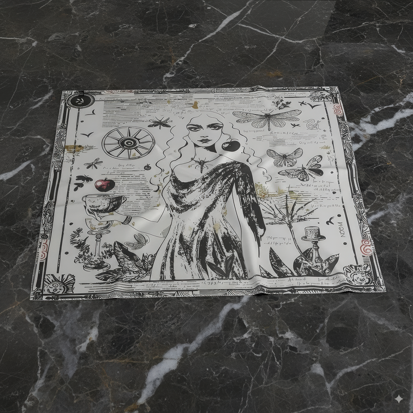 Designer silk scarf by NOE MI, Black Alchemy print in monochrome with ochre and burgundy details, symbolic feminine figure with apple, butterflies, and goblet.