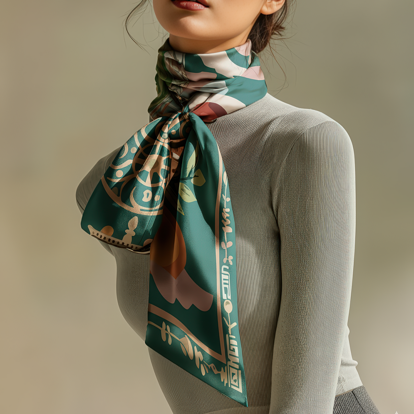 Luxury silk scarf by NOE MI, Gown Stories artwork in green and terracotta palette, square scarf with artistic design for collectors and fashion lovers across the world.
