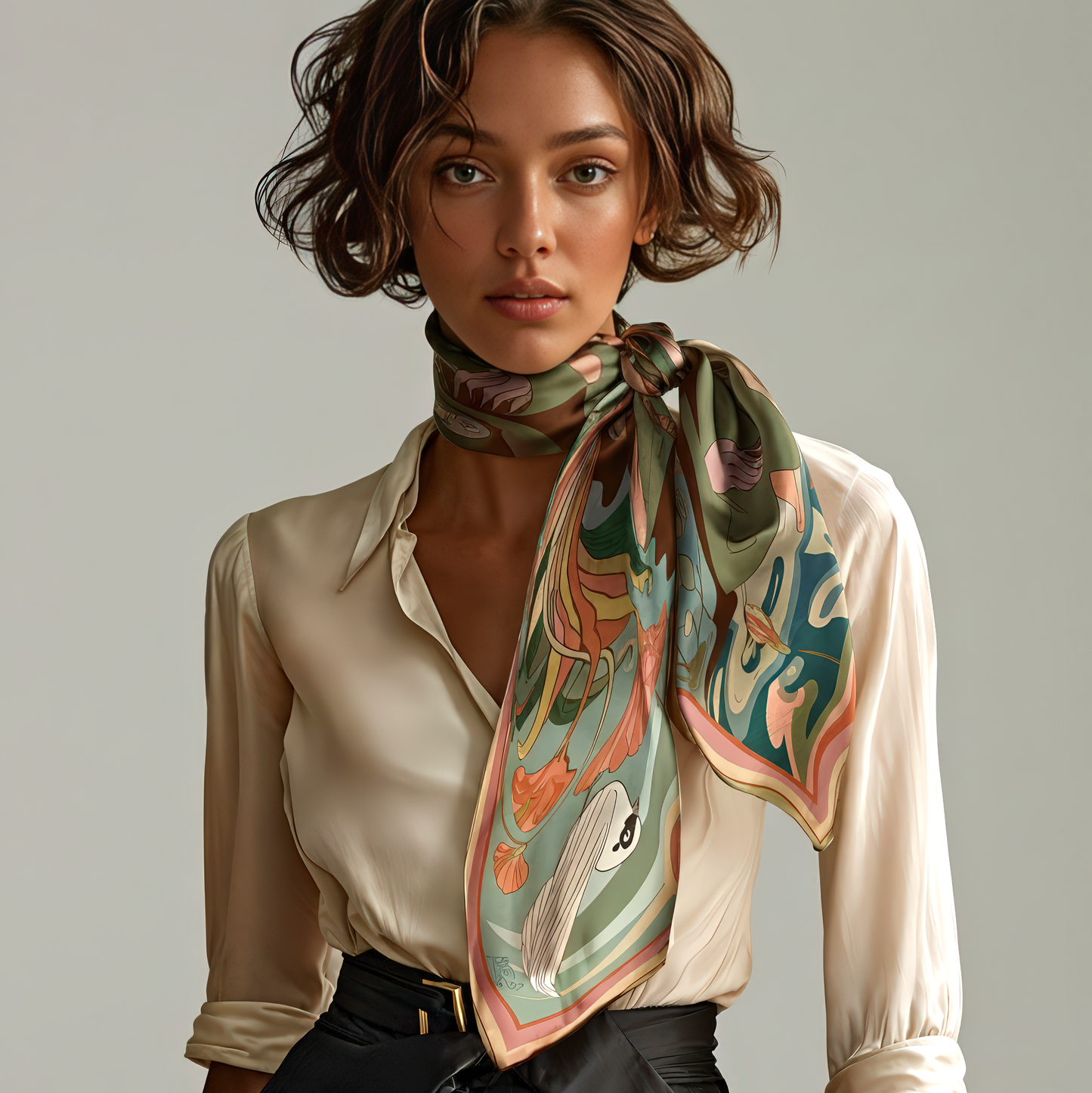 NOE MI Botanical Dreamer silk scarf, luxury square scarf in green, terracotta, and blush tones, featuring feminine surreal artwork with flowers, bird, and butterfly.