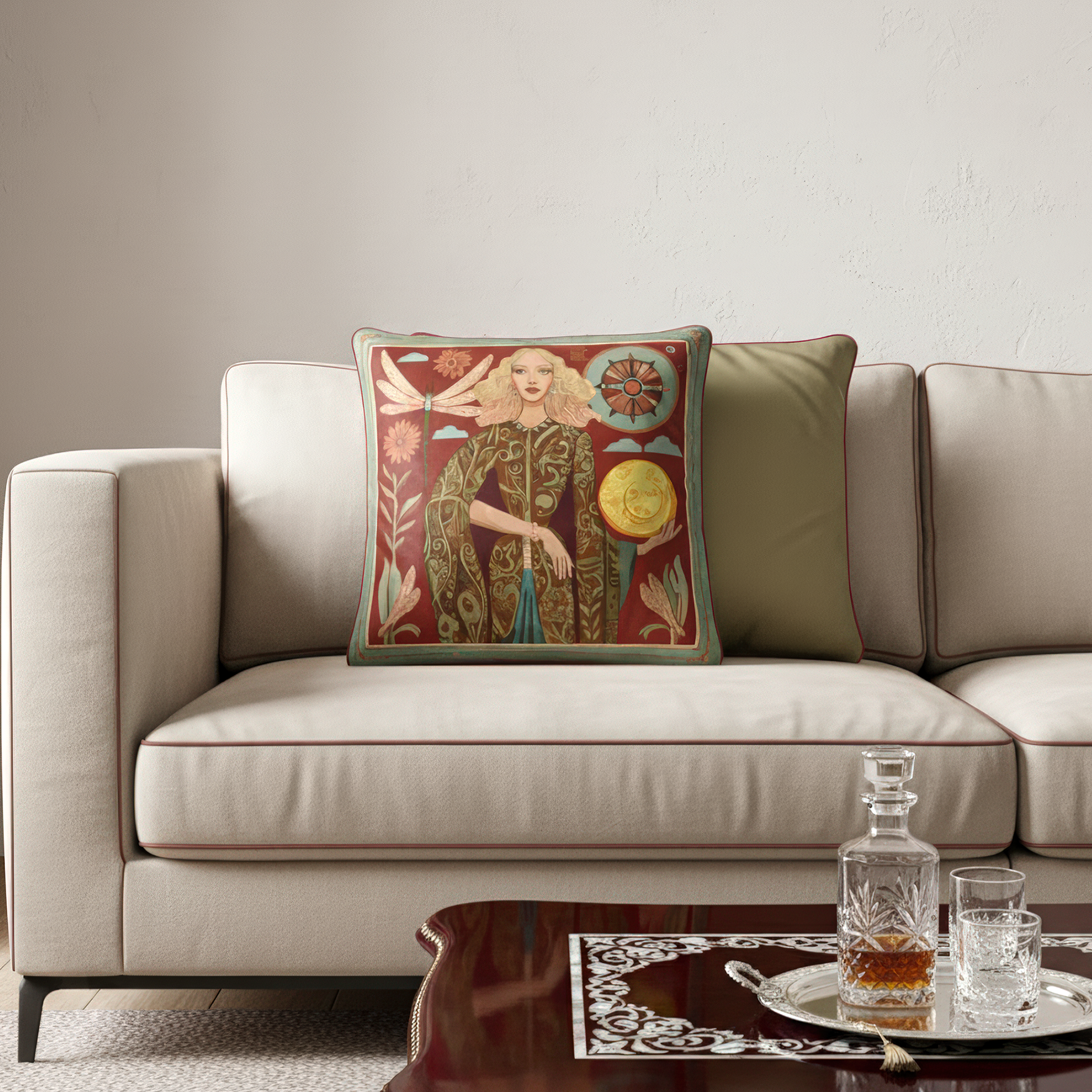 a luxurious velvet cushion in terracotta and gold, featuring the Lunar Empress artwork with celestial goddess, dragonflies, and moon, premium home décor for global collectors by NOE MI