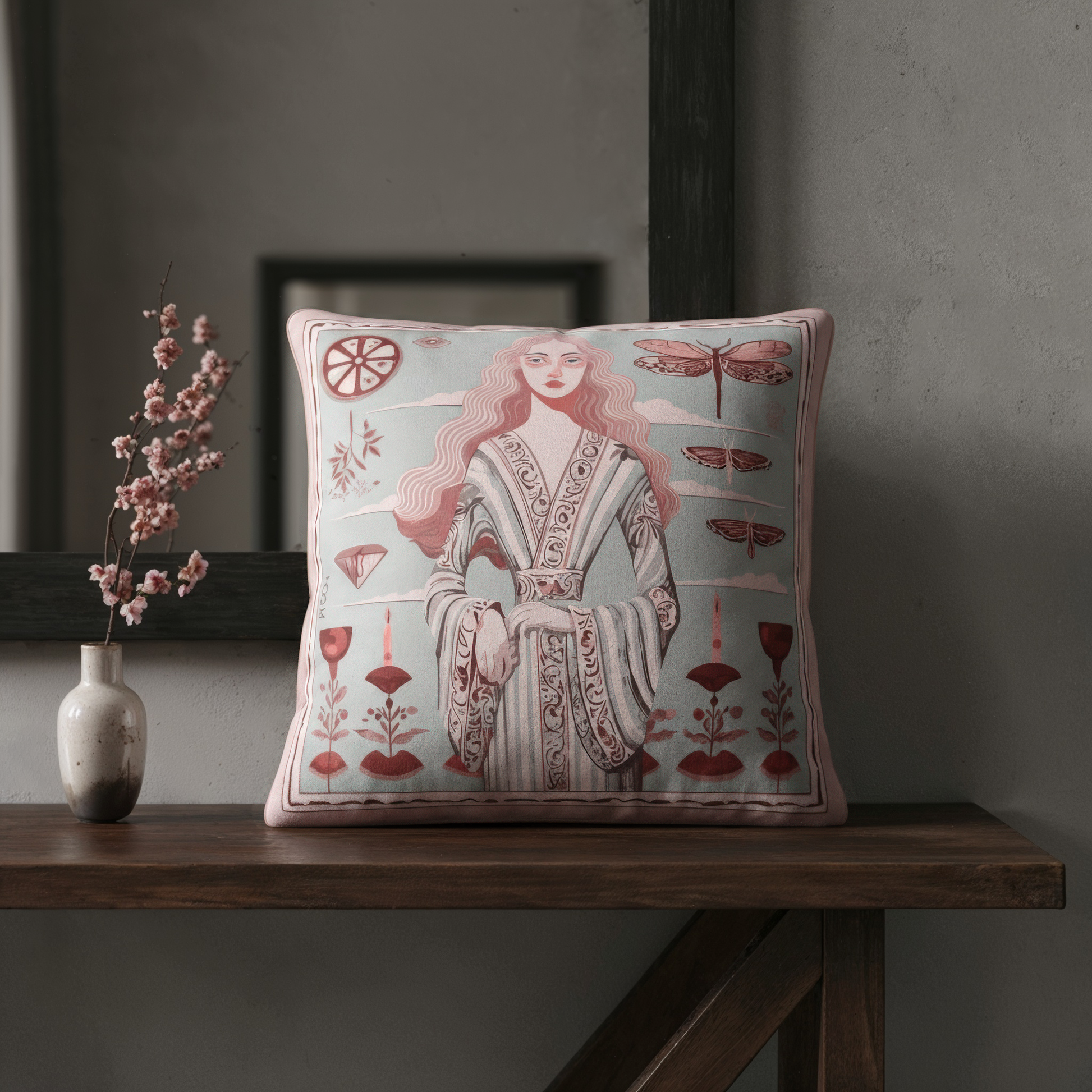 This square cushion crafted from velvet shimmer with a smooth finish, an art-inspired cushion iby NOE MI, It celebrates femininity, introspection and symbolic beauty,  a modern heirloom for your sofa, reading nook, or curated bedroom.